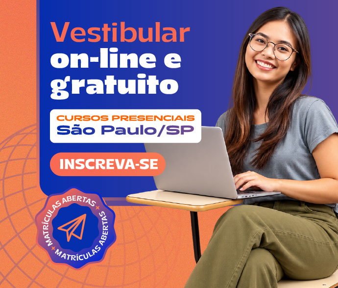 Imagem ilustrativa da campanha de vestibular da graduação 2026, onde se lê "Vestibular On-line Gratuito", "Cursos Presenciais São Paulo/SP" e "Inscreva-se"