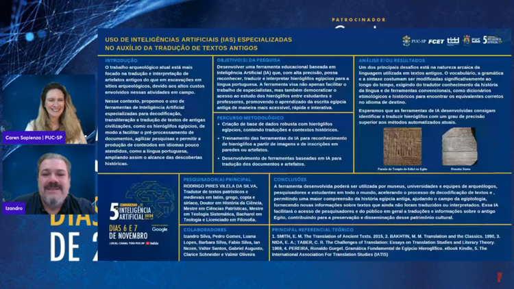 Izandro Pereira da Silva, representante do grupo de estudos Filologia Cristã e Inteligência Artificial, apresentando a pesquisa no 5º Congresso de Inteligência Artificial da PUC-SP.